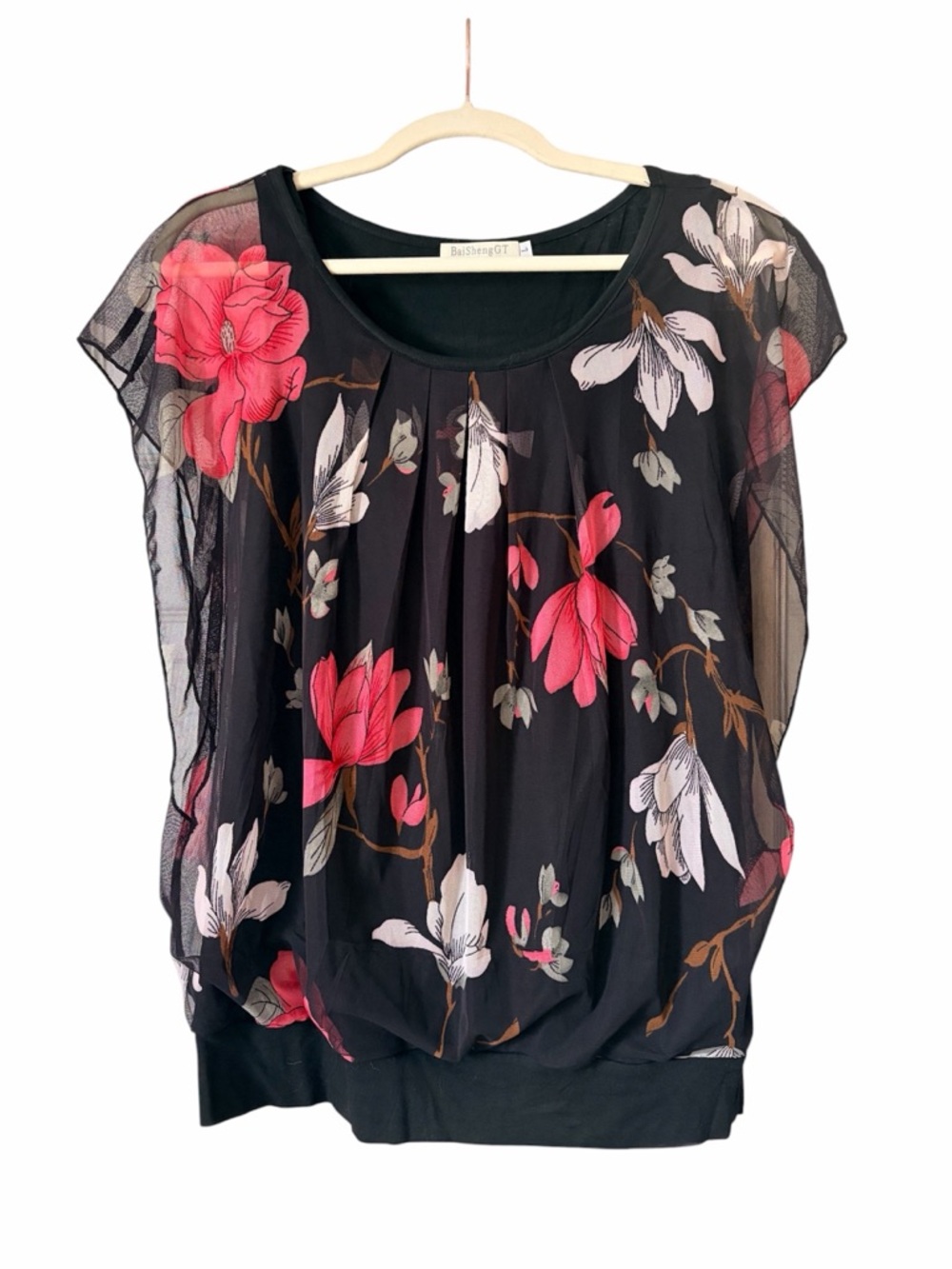 Magnolia floral mesh overlay spring or summer top